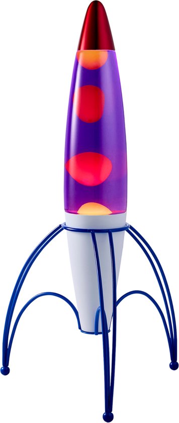 Paarse lavalamp in raketvorm met blauwe pootjes en rode top.