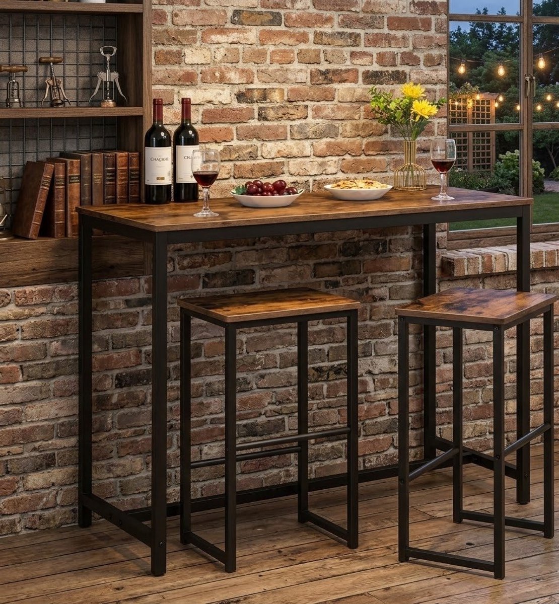 Industriele Barkruk Set van 2 met Voetsteunen – Rustiek Bruin Houten Zitting & Zwart Stalen Frame – Stevige Barstoelen voor Keuken, Bar, Eetkamer en Café – 65 cm Zithoogte – Casa Serena – 65 cm – C...