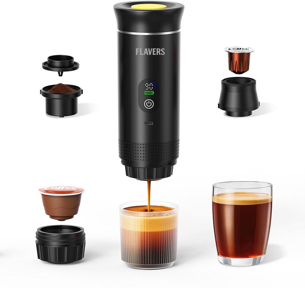 Flavers ® | Draagbare Koffiemachine | 2026 model | Draagbare Elektrische Espressomachine | Zwart | Koffiezet apparaat voor Onderweg | Capsules & Gemalen Koffie | Portable Espresso Machine | Cadeauset | koffiemaatje | Reis & Camping Koffiezetapparaat — afbeelding 3