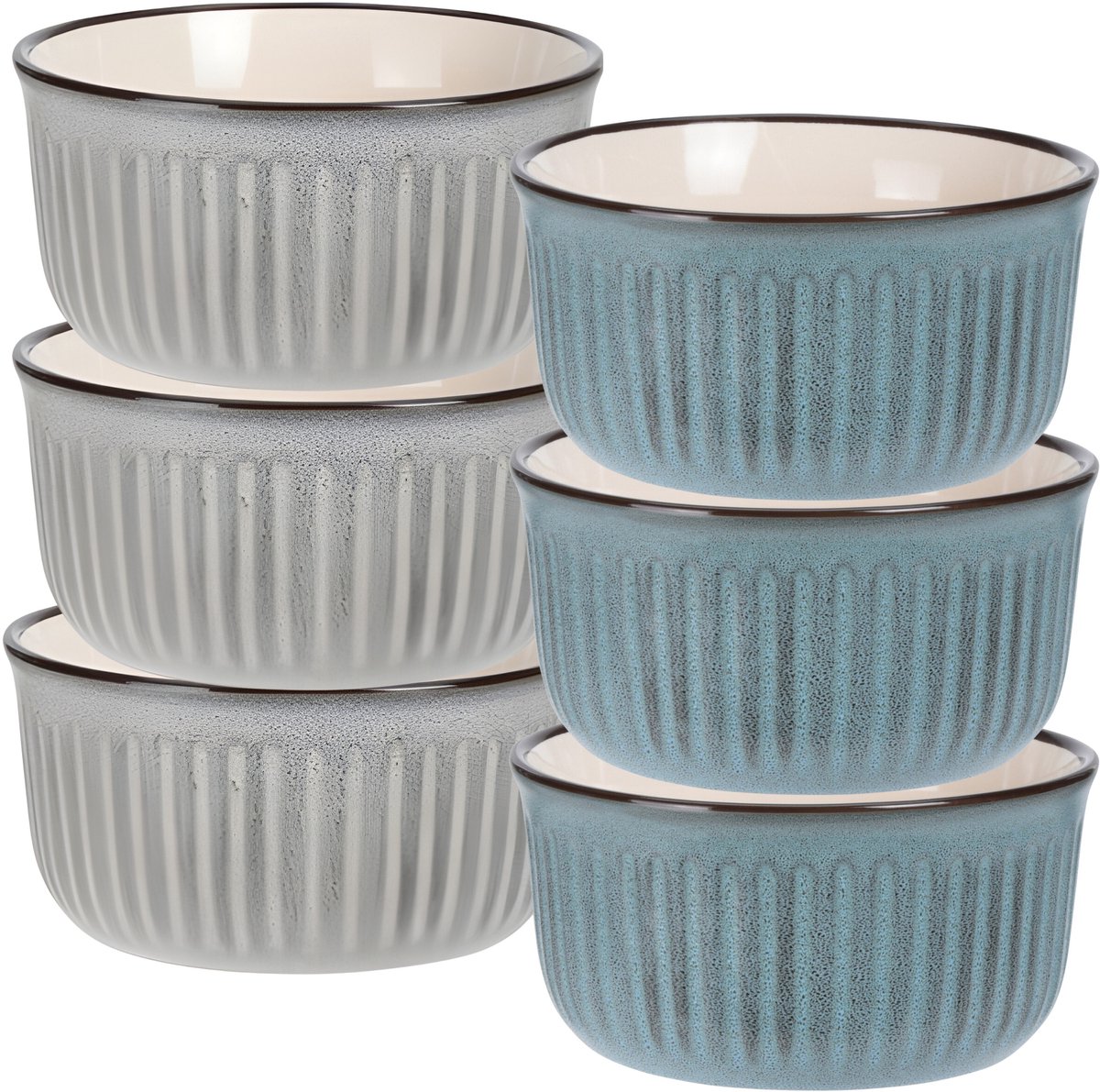 Soepkom Striped - set 6x - blauw / grijs - 14 x 7 cm - keramiek - kommetjes - 500 ml