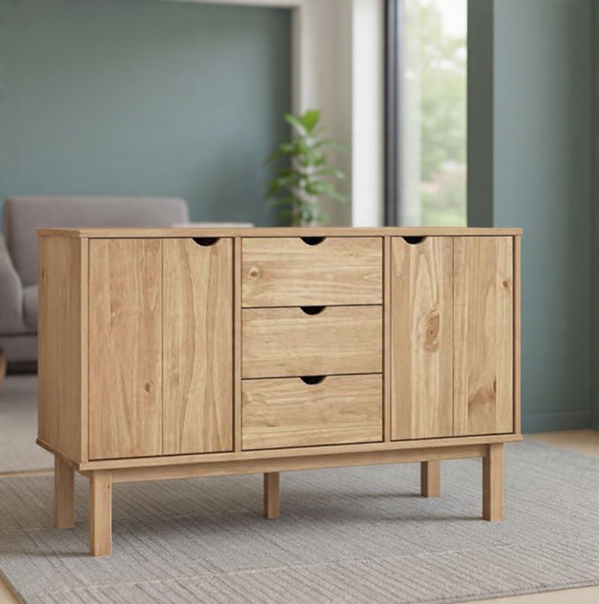 Nordiva Scandinavisch Dressoir met 3 Laden en 2 Deuren – Massief Grenenhouten Opbergkast / Buffetkast / Commode – Moderne Woonkamerkast voor Woonkamer, Hal of Eetkamer – 113,5x43x73 cm – Bruin – Novihome