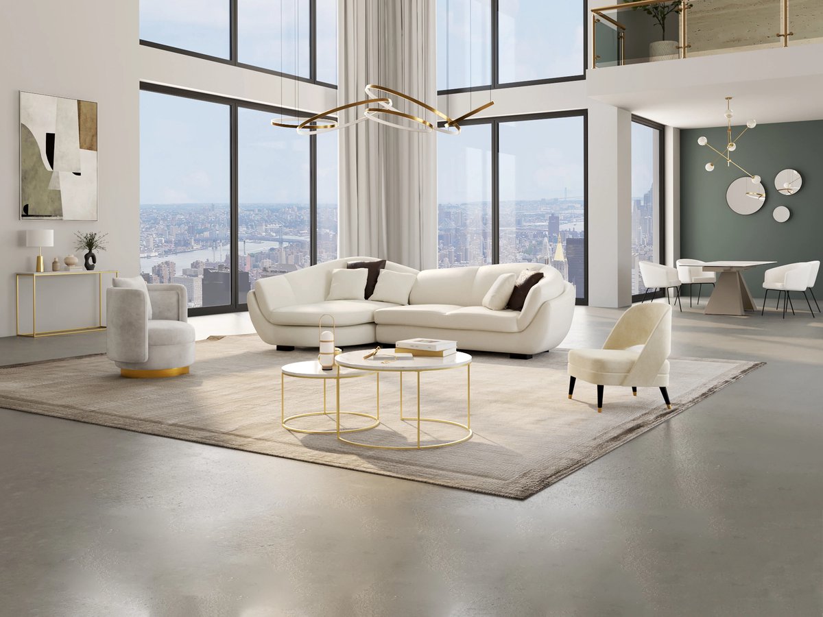 Hoekbank van Buffelleer 285 x 175 cm – 5-Zits Luxe Leren Hoekbank met Chaise Longue Links, Ivoorkleur Design Bank met Houten Poten en Sierkussens – Caipi – Bellavero