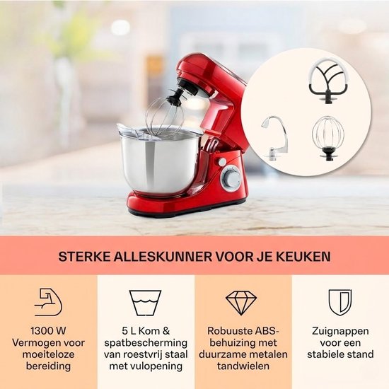 SNJY® Deegmachine - Kneedmachine - Deegmixer - 5L - 1300 W - Rood van Merkloos — afbeelding 2