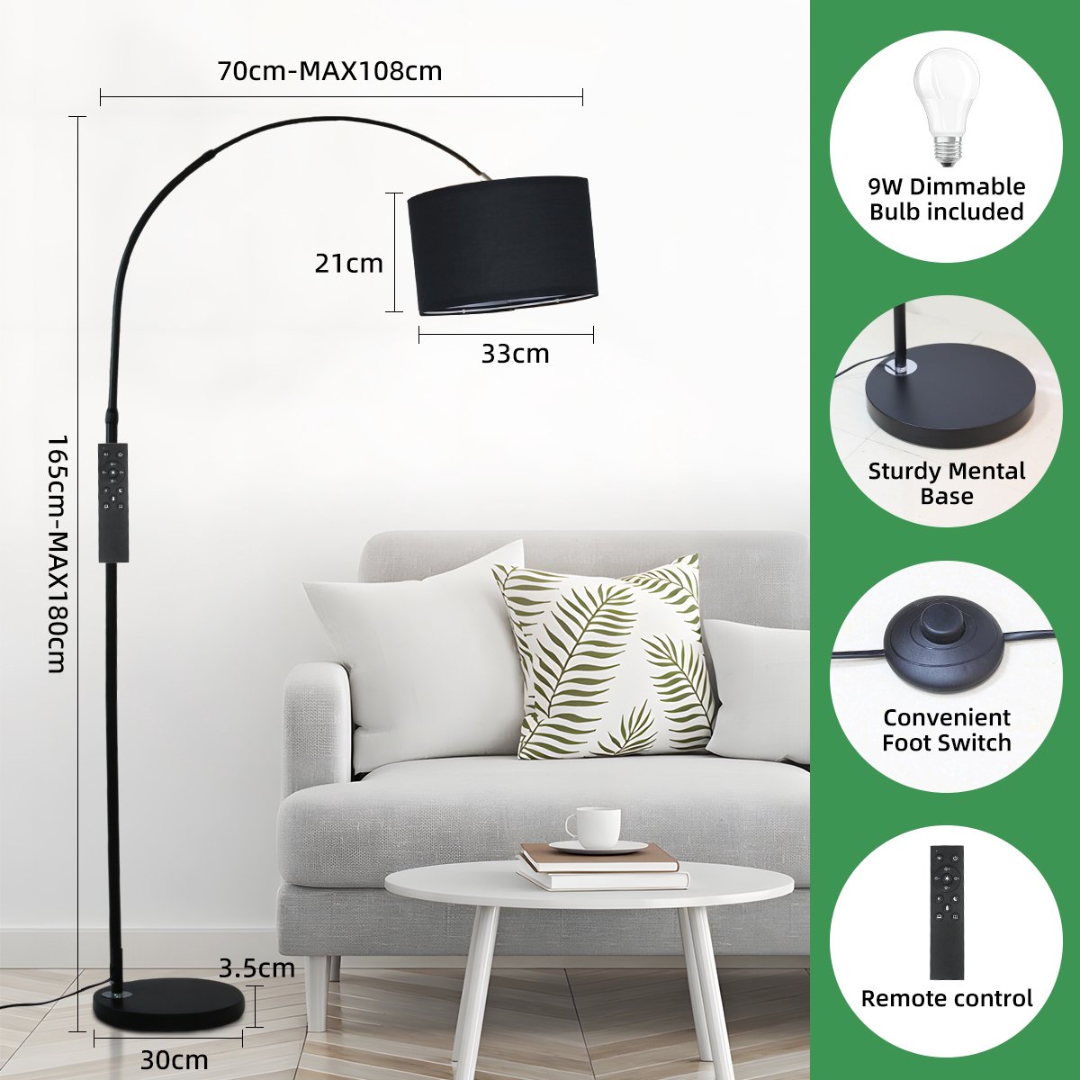 ANTENLICHT Moderne Vloerlamp Zwart - Staande Lamp Met Zwart Kap - 1 lichts 9W - 3000K-6000K 860LM - H 165 -180cm - Naturel - Woonkamer - Slaapkamer - Met Afstandsbediening & Voetschakelaar thumbnail 3