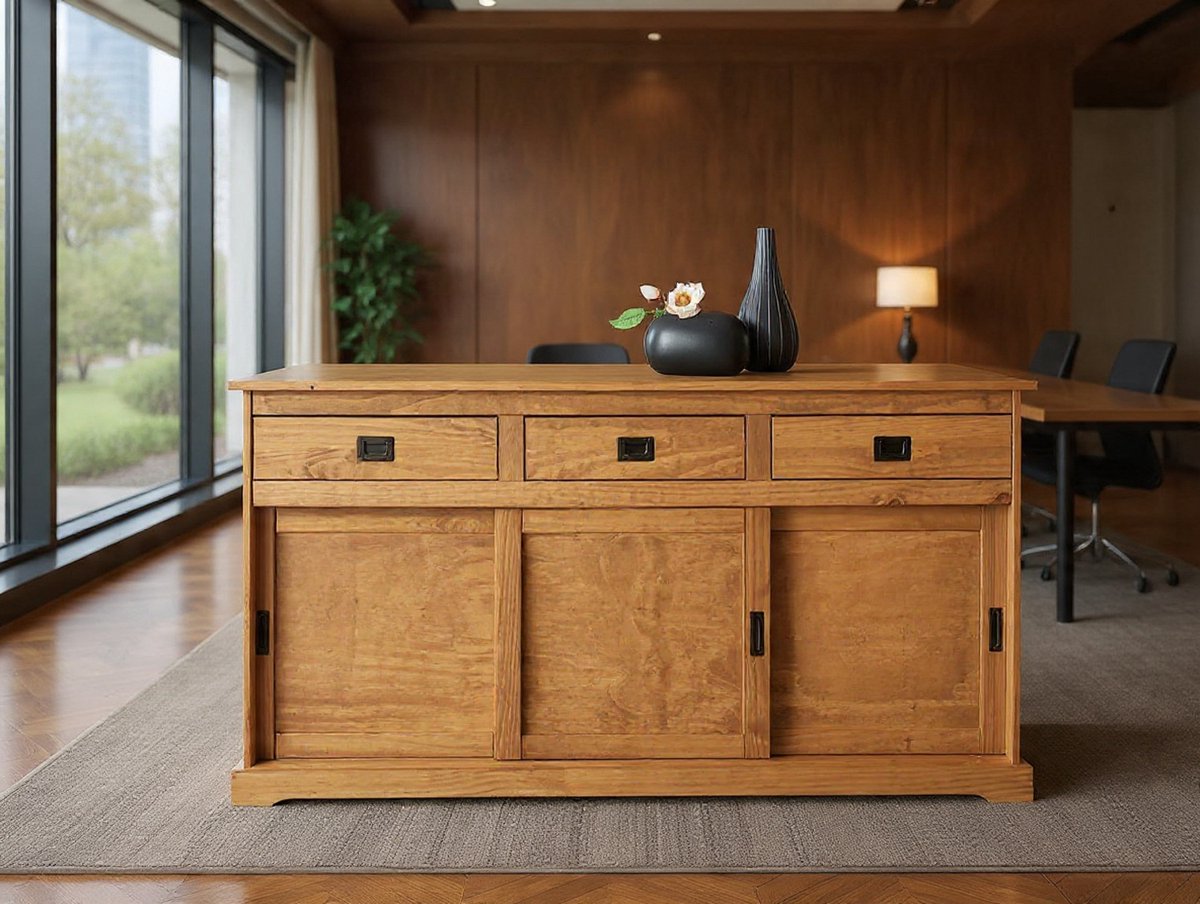 Sideboard Savona commode met 3 deuren en 3 laden, massief hout, eiken kleuren, buffetkast, servieskast, massief hout-NoviHome