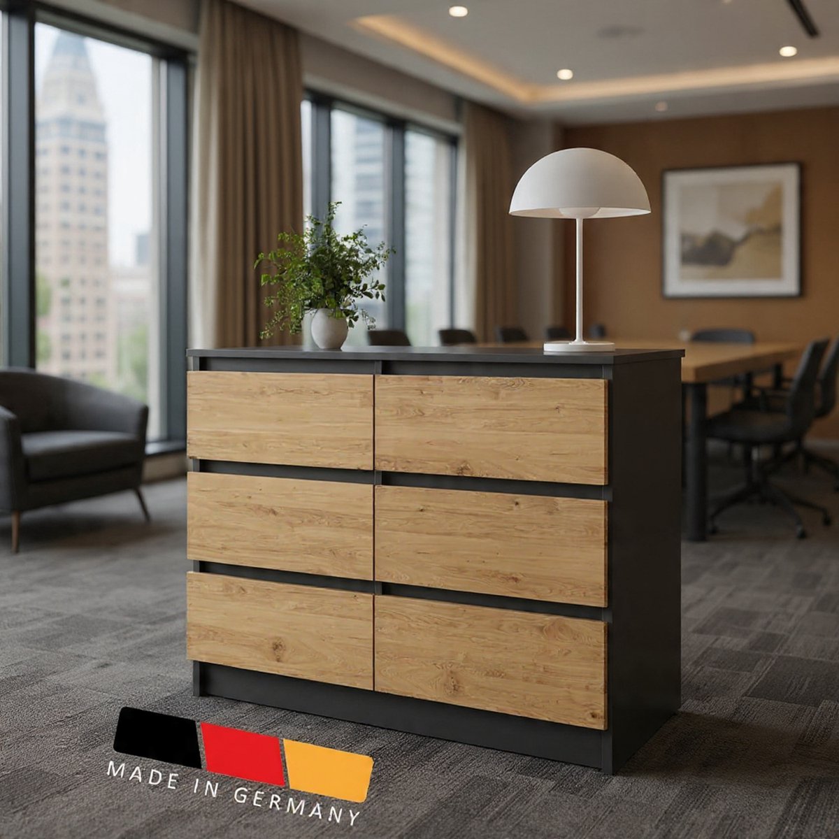 Commode met 6 laden antraciet Artisan-eiken houten kast met laden dressoir highboard dressoir slaapkamer woonkamer hal kantoor organizer breedte 95 cm hoogte 78 cm-NoviHome