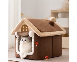 Luxe Kattenhuisje & Hondenmand - Pluche Huis-Vorm met Schoorsteen - 44x35x38 cm - Bruin/Beige - Zacht Holletje - Anti-Stress Slaaptent