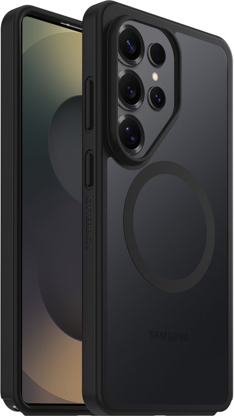 Zwarte OtterBox telefoonhoes voor Samsung met magnetische cirkel en camera's.