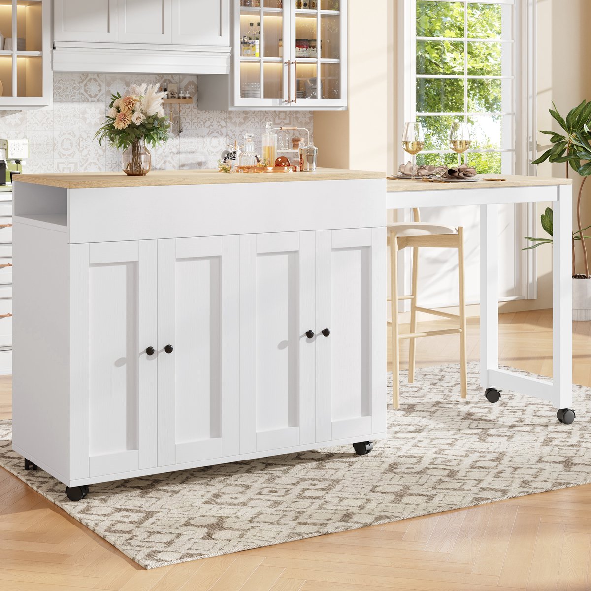 HAUSS SPOLE Bartafel 117-180x50x94,6 Cm - Uitschuifbaar Met Opbergruimte En 6 Vakken - Voor Eetkamer En Keuken - MDF - Wit