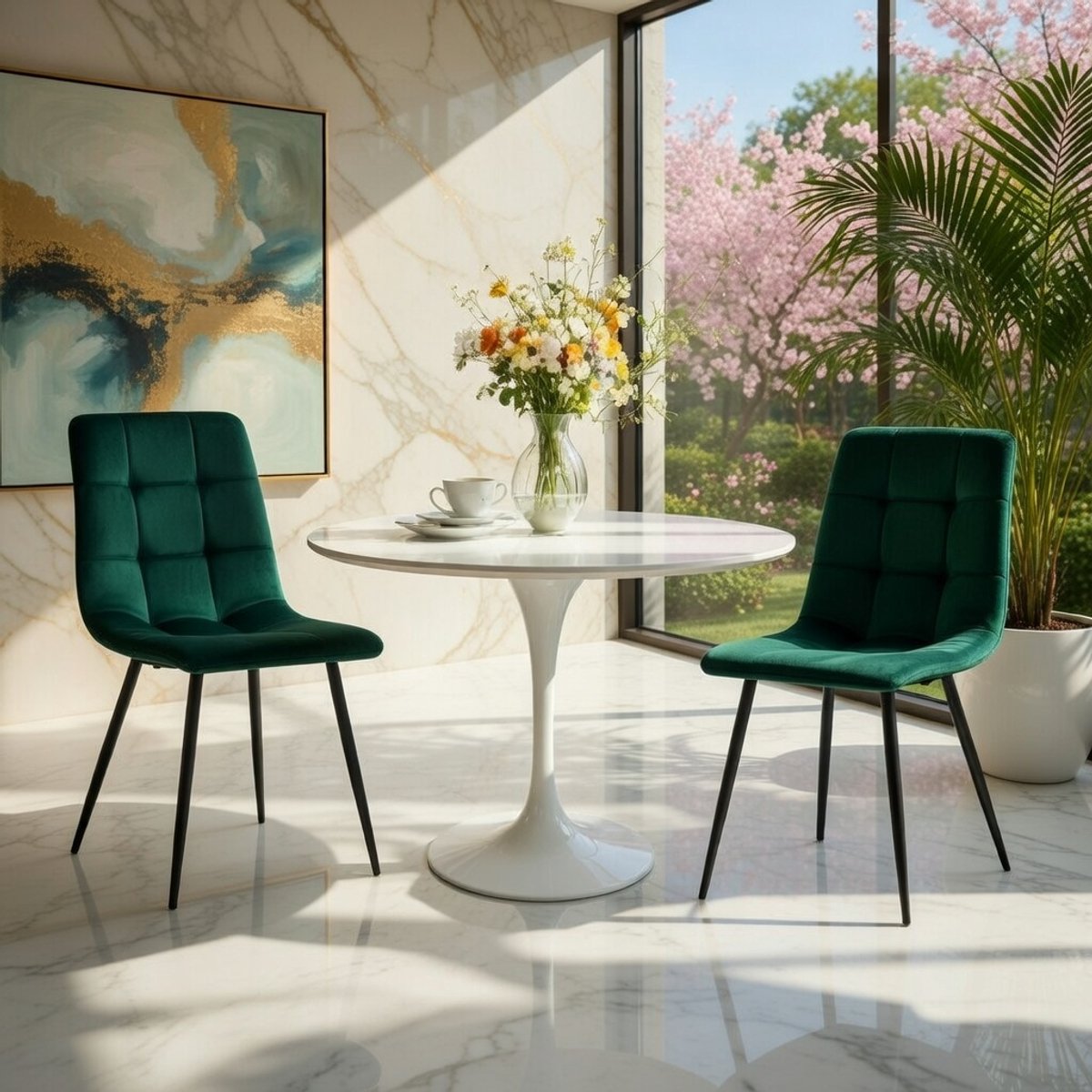 Luxe Fluwelen Eetkamerstoelen Set van 2 – Moderne Donkergroene Stoelen met Metalen Poten – Keukenstoel Zonder Armleuningen – Comfortabele Design Stoelen voor Eettafel, Woonkamer & Kantoor Novihome