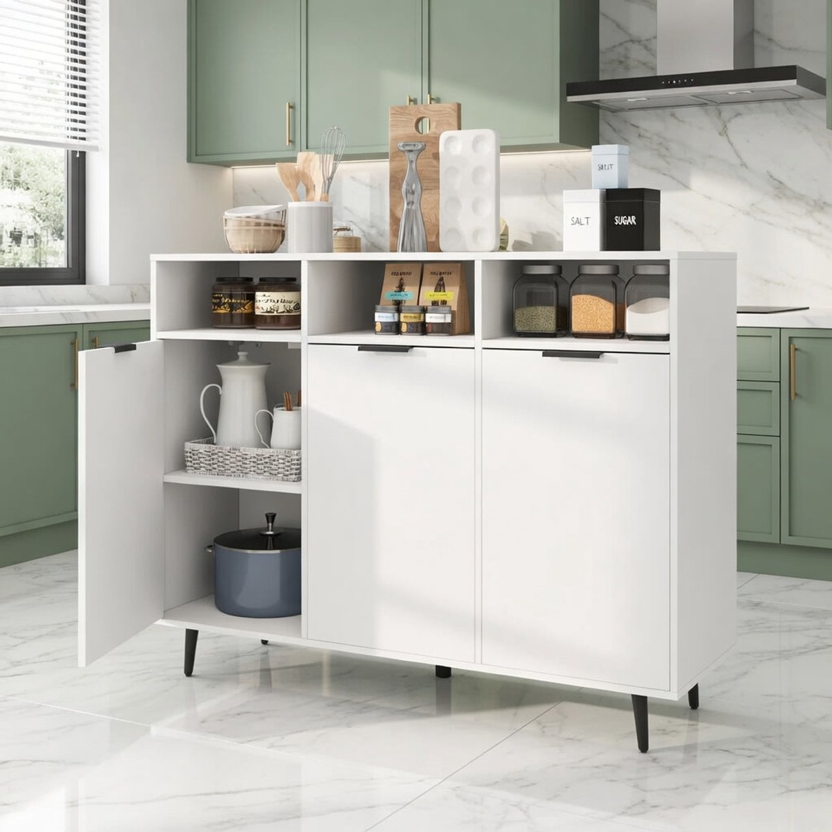 Moderne Multifunctionele Dressoir Kast met 3 Deuren, 3 Open Vakken en Verstelbare Planken – Keukenkast / Buffetkast / Opbergkast / Sideboard voor Woonkamer, Eetkamer en Bar – Wit Houtlook – 120 x 40 x 90 cm – Novihome