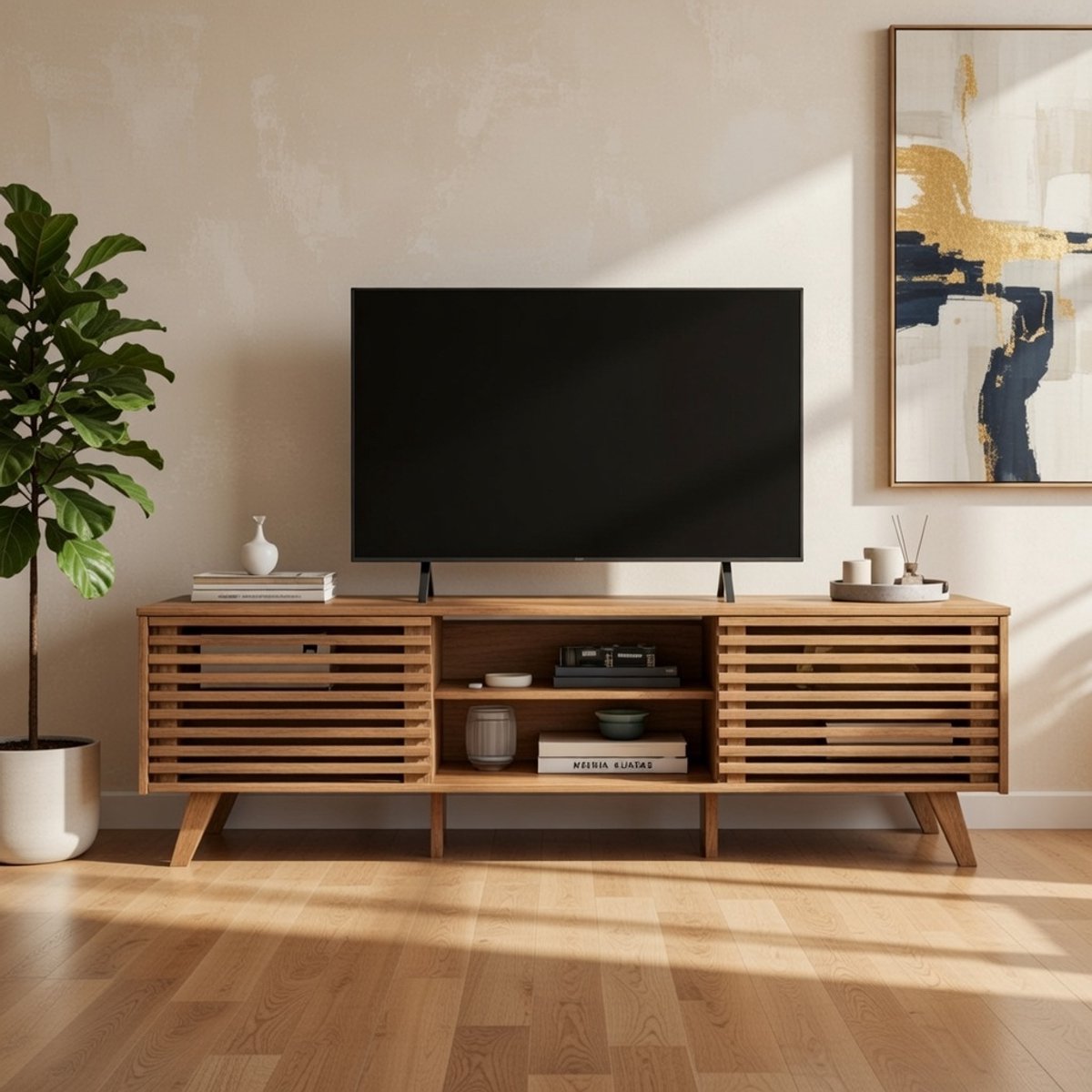 TV Meubel RIAN Premium – Modern Lowboard voor 75 Inch TV – Massief Grenenhout – 2 Schuifdeuren & 3 Verstelbare Planken – Eiken Kleur – Novihome