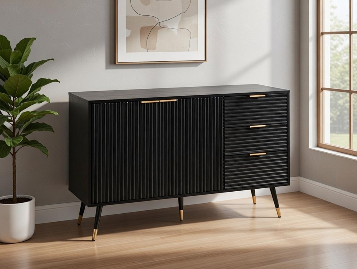 Modern Dressoir Zwart Eik – 120x80x40 cm – Commodekast met Laden en Deuren – Staande Kast voor Woonkamer, Hal, Slaapkamer of Keuken – Metalen Pootjes – Opbergkast Design novihome
