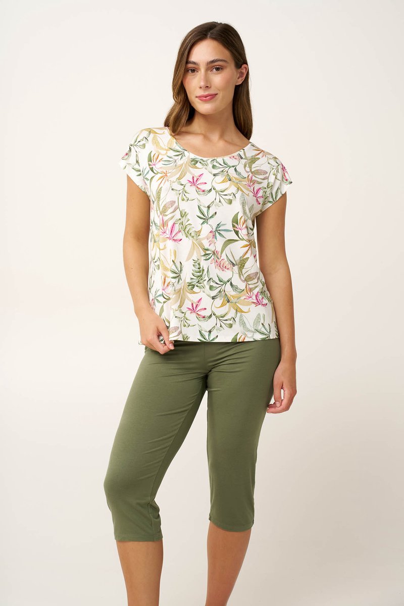 Vamp Damespyjama – Zomerse pyjama met bloemenprint en capribroek - Micromodal – Wit / groen - XXL