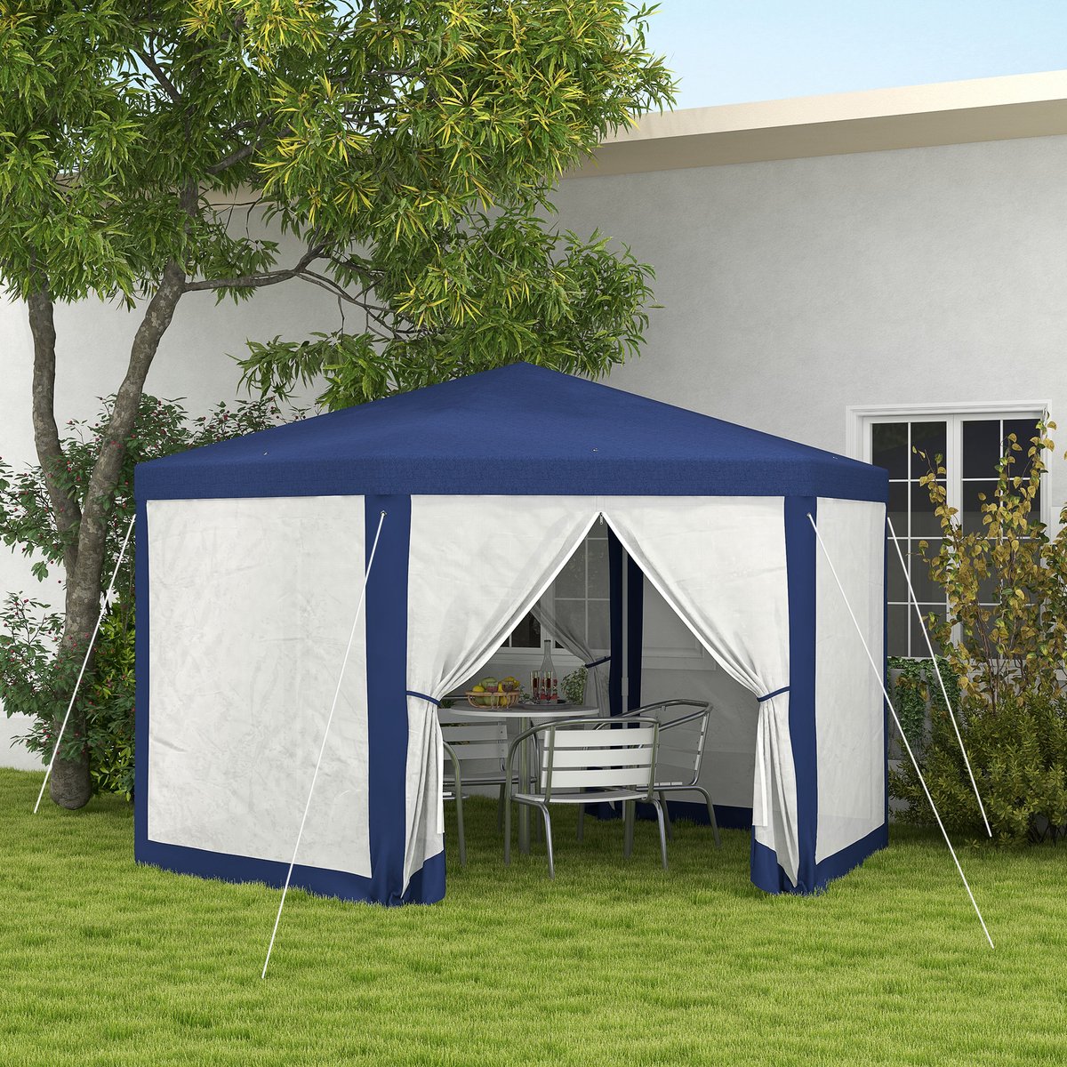REDOM - Tuinpaviljoen - Zeshoekig - Met Muggengaas En Ritswanden - Waterafstotend Polyester Dak - Blauw - 394 x 341,2 x 250 cm