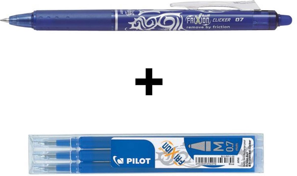 Pilot Blauwe FriXion Ball 0.7mm Clicker Pen + 3 stuks Navul inkt set - Pilot