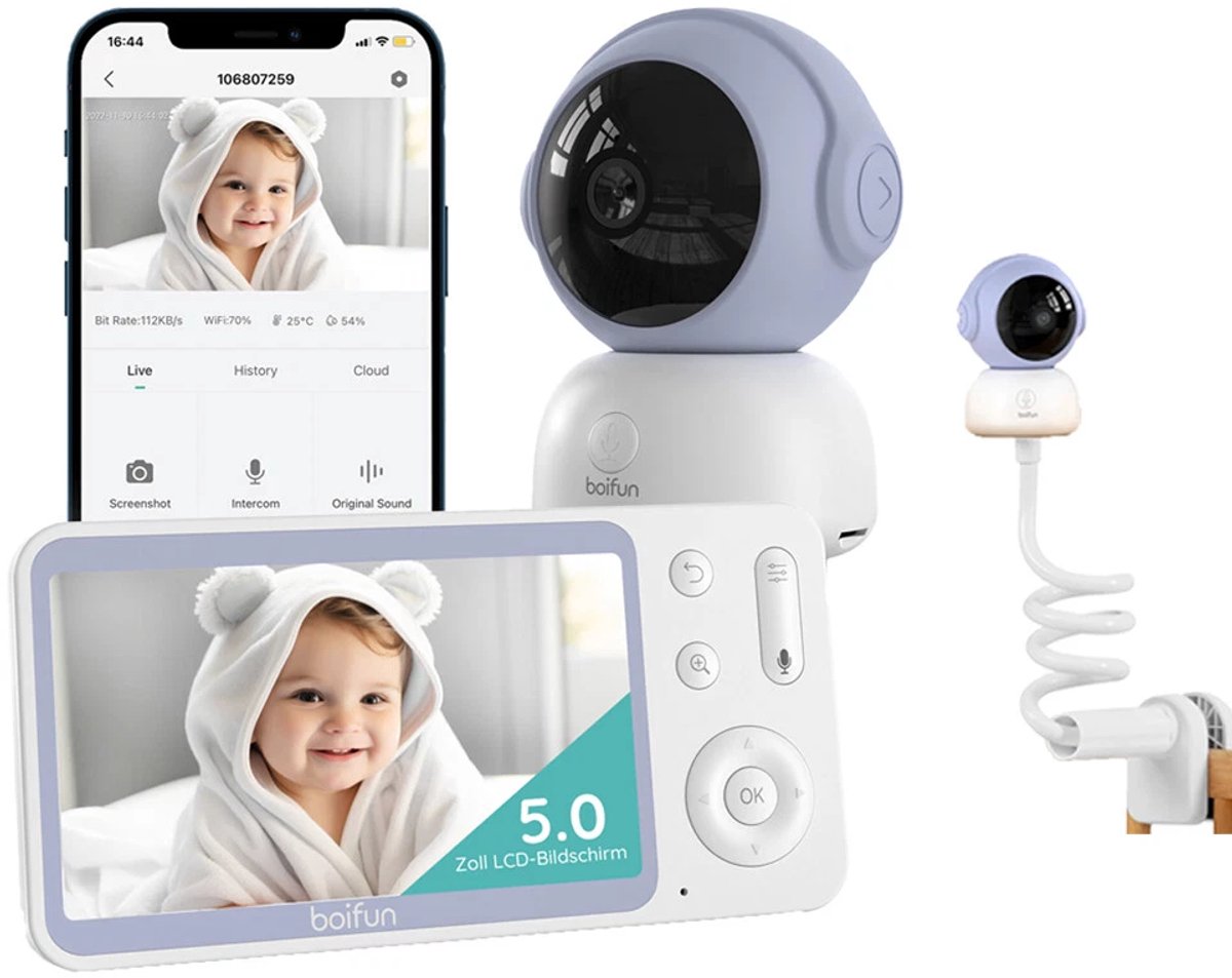BOIFUN Babyfoon - Babyfoon met camera - 2K HD-Nachtzicht - 5-Inch Display - Op Afstand Bestuurbaar - Video & Audio - Baby Monitor Houder