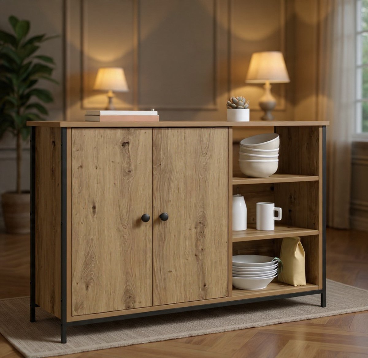 Modern Dressoir met Deuren en Planken – Sideboard Opbergkast voor Woonkamer, Keuken en Eetkamer – Houten Kast met Veel Opbergruimte – Artisan Eiken – 100 x 33 x 75 cm – Novihome