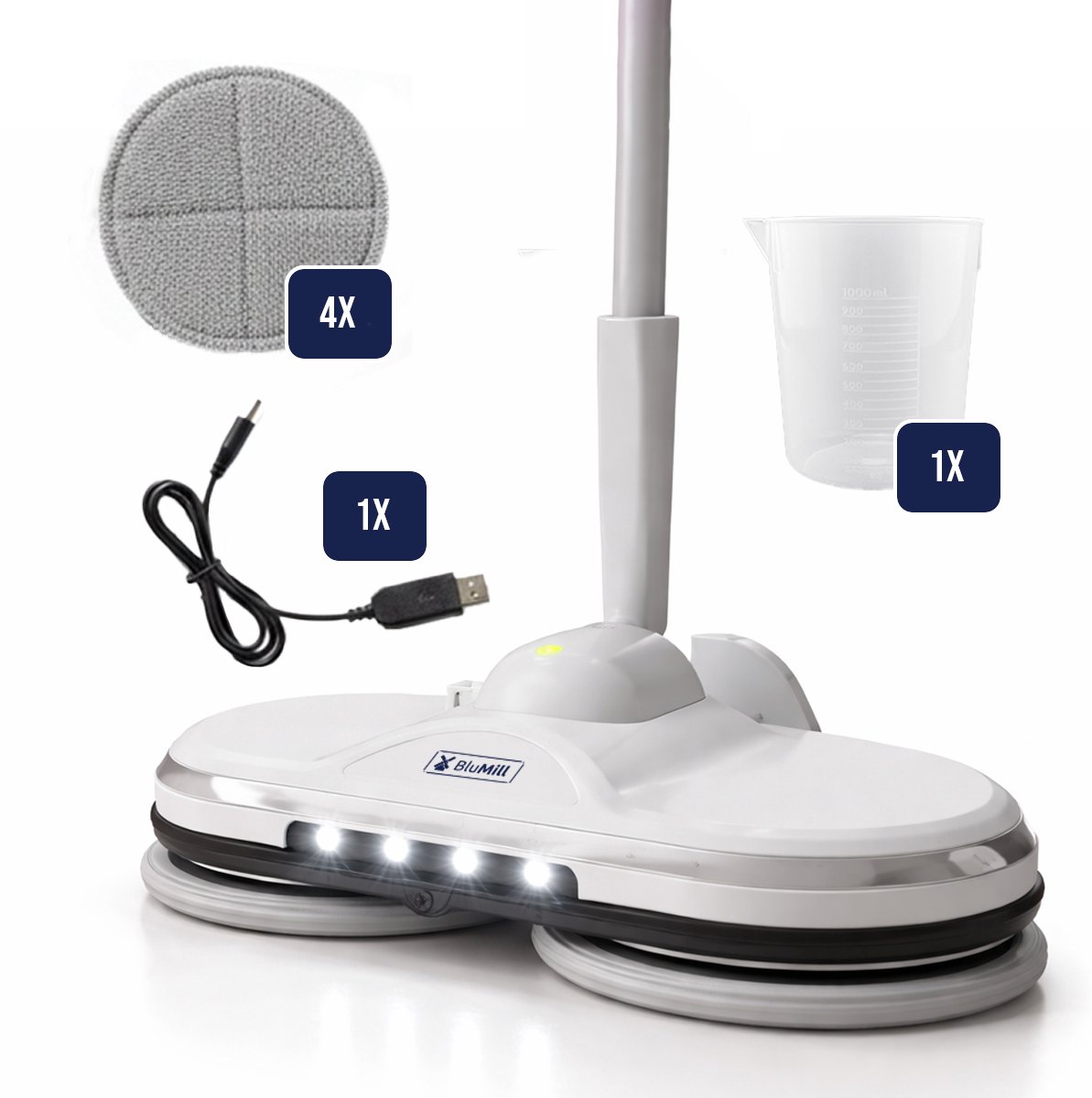 BluMill Elektrische Dweil - Oplaadbare Dweil en Mop - Vloerwisser - Draadloos - Dweilsysteem met 4 Wasbare Pads, Maatbeker en Oplaadkabel