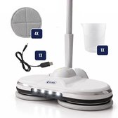 Witte elektrische dweil met vier wasbare dweilpads, een maatbeker, een oplaadkabel en de handleiding.