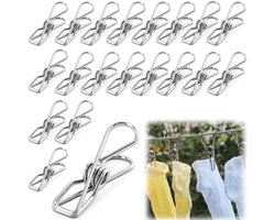 Verpakking van 20 kledingclips - lakenclips - metalen veerclips - sluitclips - winddichte sokkenclips - ophangclips voor voorwerpen - geschikt voor kleding, foto's, voedselzakken, handdoeken, kantoorartikelen (5,6*1,3 cm - zilver)