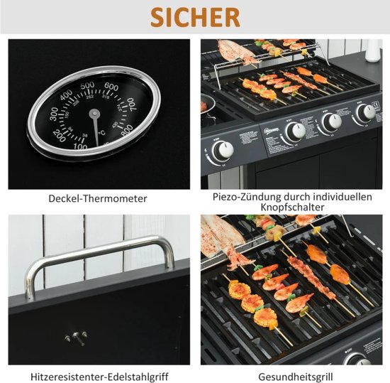 Gasbarbecue - Gasbarbecue en grill - 3 Branders + 1 Zijbrander - Met Thermometer, Opbergplank en Warmhoudplaten - Zwart van Merkloos — afbeelding 2