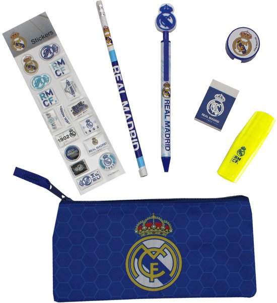 Real Madrid etui, pen, potlood, stickers, gum, markeerstift en rolletje tape met clublogo's.