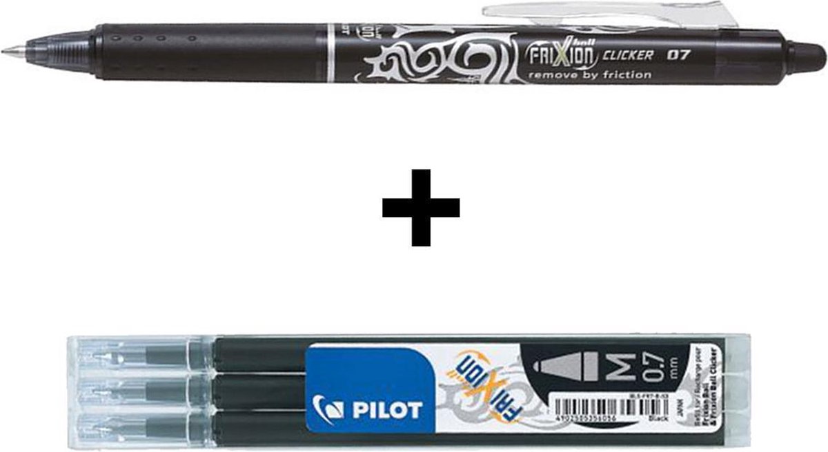 Pilot Zwarte FriXion Ball 0.7mm Clicker Pen + 3 stuks Navul inkt set - Pilot