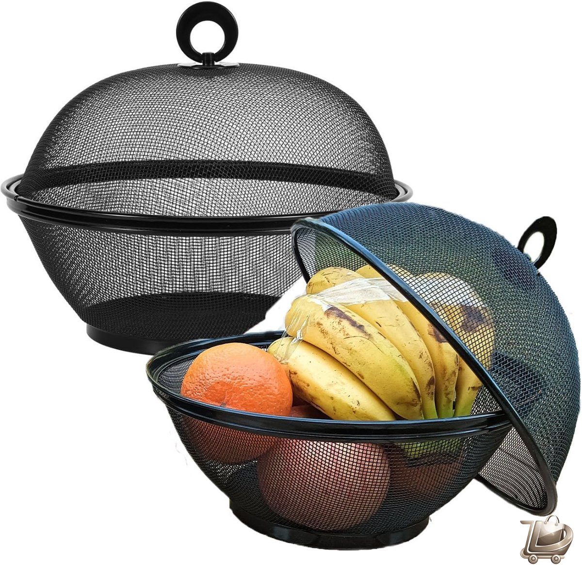 Set van 2 Stuks Fruitmand met Deksel - Metaal Gaas Fruitmand en Groentehouder - Fruitkom met Vliegenbescherming - Opslag voor Fruit, Groenten, Eieren, Brood en Snacks - Zwart