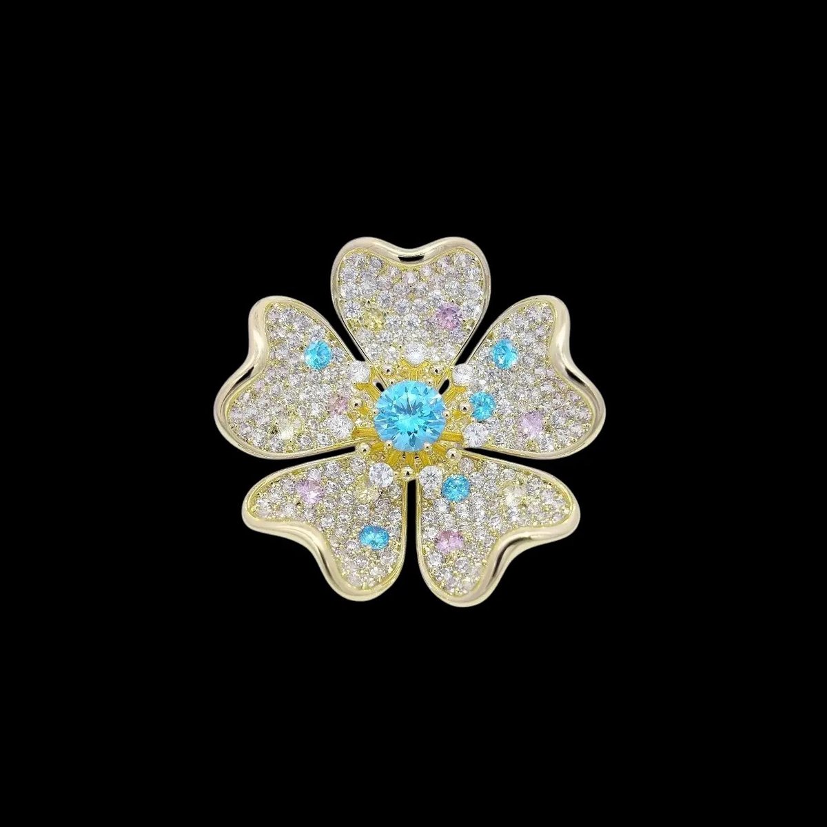 Victoria Valenza Goudkleurige Sakura Bloem Broche met Pavé Blauwe, Gele, Roze en Witte Zirkonia Stenen - Broche - Goudkleurig - Bloem broche - Zirkonia