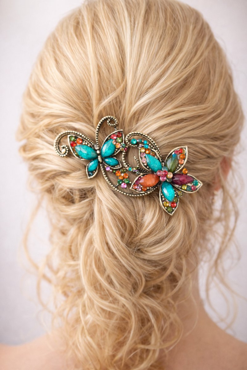 Haarklem - Haarspeld - Dames - Groot - Haarclip - Haarsieraad - Haar accessoires - Haarspelden - Haarklemmen - Multi - Bloem - Vlinder - 12 cm x 7 cm - Cadeau Tip