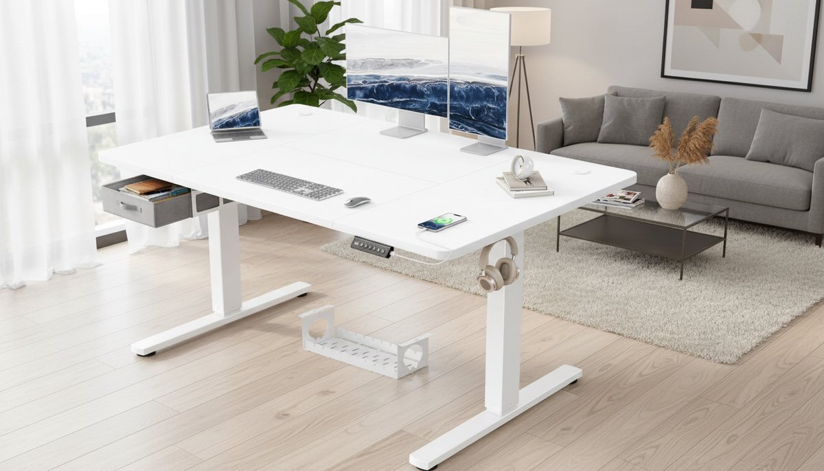 Electric Desk Casa Velluto Elevare 140x80 cm – Elektrisch Hoogte Verstelbaar Bureau met 3 Geheugenfuncties, USB-A Oplaadpoort, Lades en Kabelmanagement – Modern Wit Computerbureau voor Thuis en Kantoor