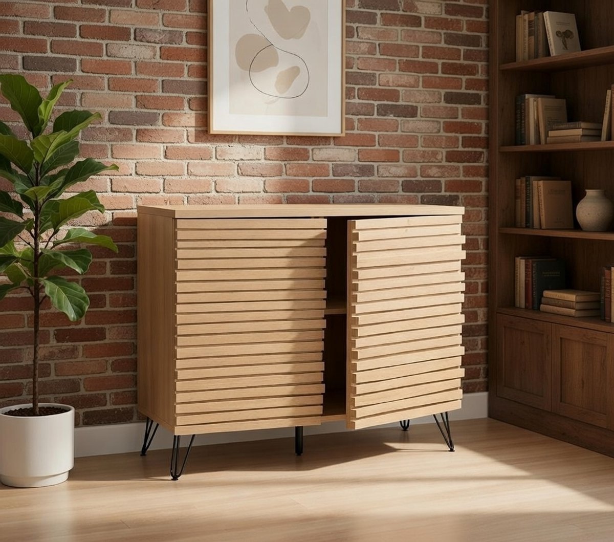 Modern Design Commode & Highboard M49 – Natuurlijke Kleur, 2 Deuren, 4 Opbergvakken, MDF en Metaal, Stabiele Sideboard Kast voor Woonkamer, Slaapkamer, Hal – 85x95x45 cm Novihome