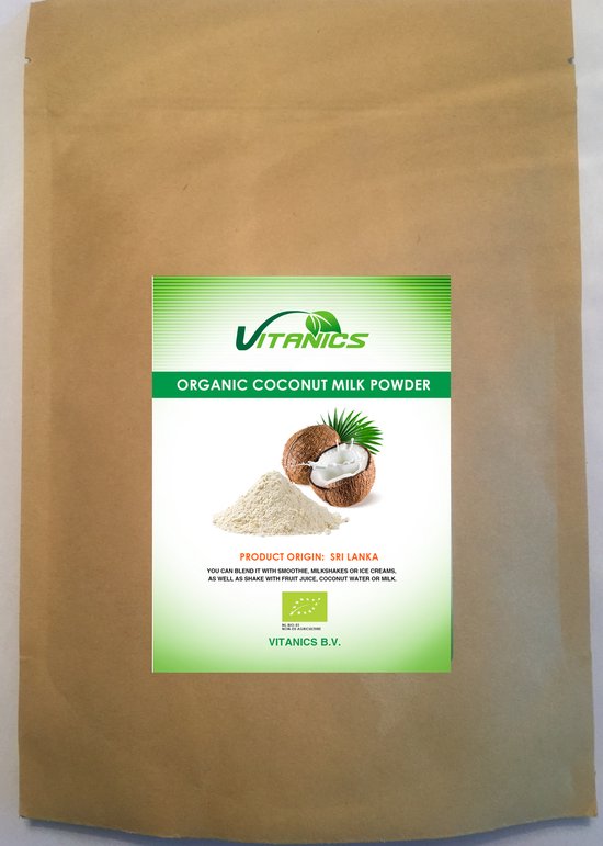 Vitanics biologisch kokosmelkpoeder. Zak met kokosnoot en poeder.