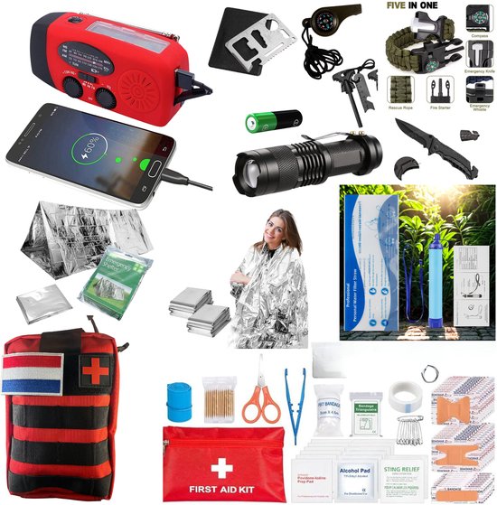 Compleet Noodpakket 72 Uur – Opwindbare Noodradio 2.000mAh – Waterfilter – Nooddeken – Noodfluitje – Basis Survival Kit voor Thuis, Auto & Reizen- Emergency kit