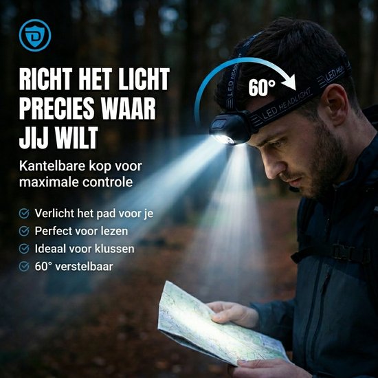 Man met hoofdlamp leest kaart, kantelbare kop voor 60° verstelbare verlichting.