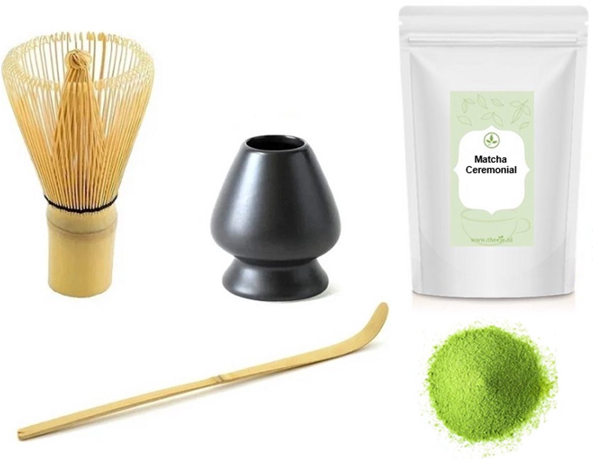 Matcha thee set compleet - Matcha Klopper & bamboe maatschep - Chasen Houder Black Edition - Mat Zwart - Japanse Theeceremonie - Inclusief Theeje 15 gram Japanse Matcha Ceremonial Poeder - Set van 4