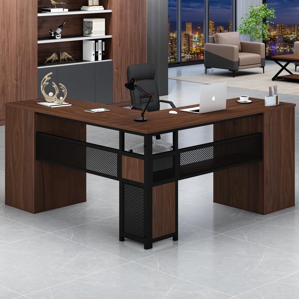 L-shaped Executive Desk with Drawers 150x150x76 cm – Rustiek Walnoot Bureau voor Thuiskantoor, Computertafel voor Werk, Studie en Home Office – Omkeerbaar, Metaal & Hout, Ruim Opbergvermogen – Abkantoor