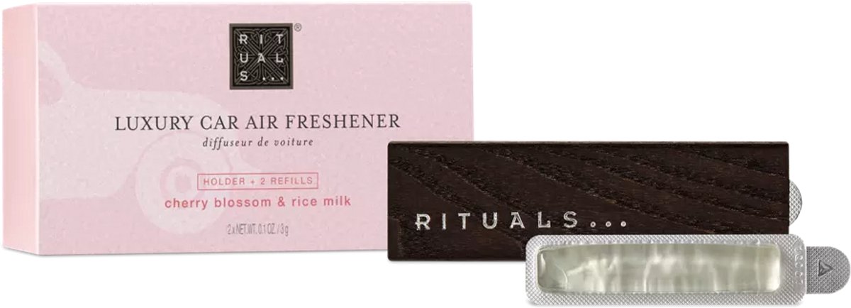 Rituals - Auto Parfum - 2x Auto Luchtverfrisser Refills 3 gram + 1x Houten Houder voor Luchtverfrisser - Ritual of Sakura - Autoparfum - Car Perfume - Refill - Navulling