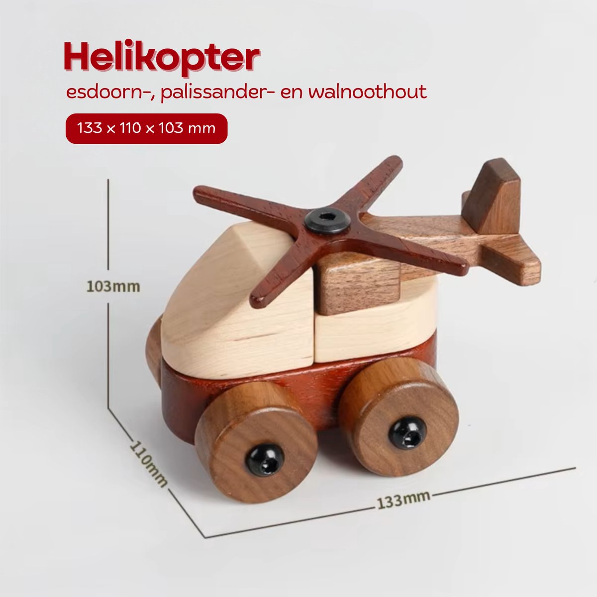 Houten Helikopter Speelgoed – Houten Voertuigen gemaakt van Massief Esdoorn-, Palissander-, en Walnoothout – Natuurlijke Afwerking – Vanaf 3 Jaar