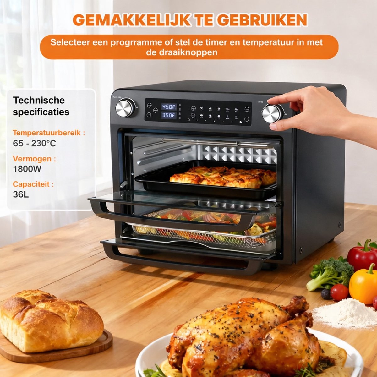 MAGICFOX Elektrische Oven -36L- XXL Airfryer Oven-Dubbele Lade -1800Watt - LED Display- 10 verschillende programma's-Vrijstaande ovens-Zwart — afbeelding 4
