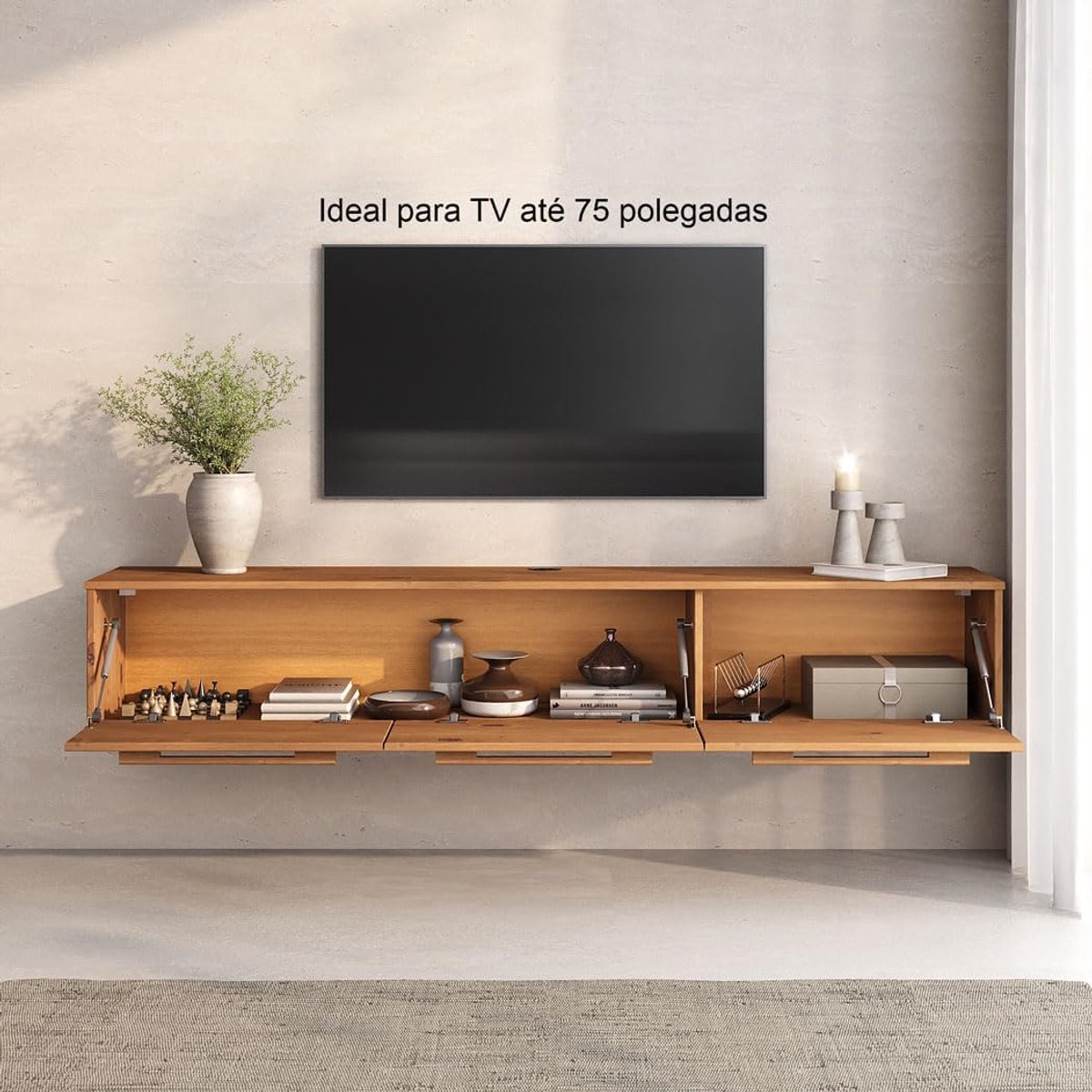 Hangende TV- en Wandmeubel 180x30x34 cm – Mid Century Modern Lowboard van Massief Eikenhout met 3 Kleppen en Opbergruimte – Stijlvolle Wandconsole voor Woonkamer, Hal of Kantoor – ABKantoor