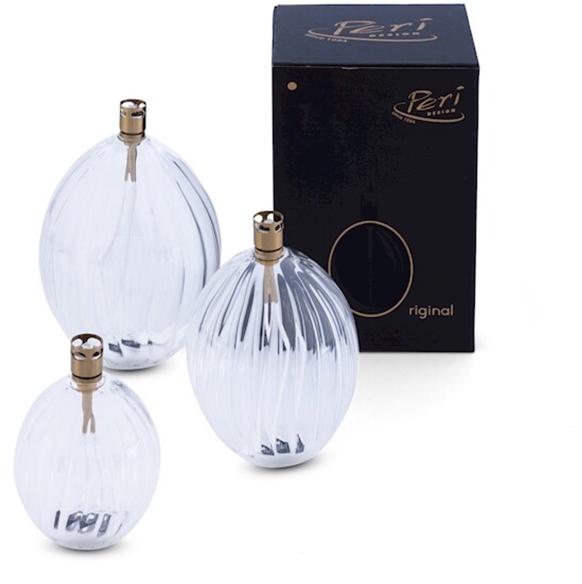 Olielamp - 3 set - incl trechter - Ovaal model - Peri Living - Ribbel Glas- Ø7.5-Ø9-Ø11cm. - Hoogte: 10.5 - 13 -15.5cm. - Messing