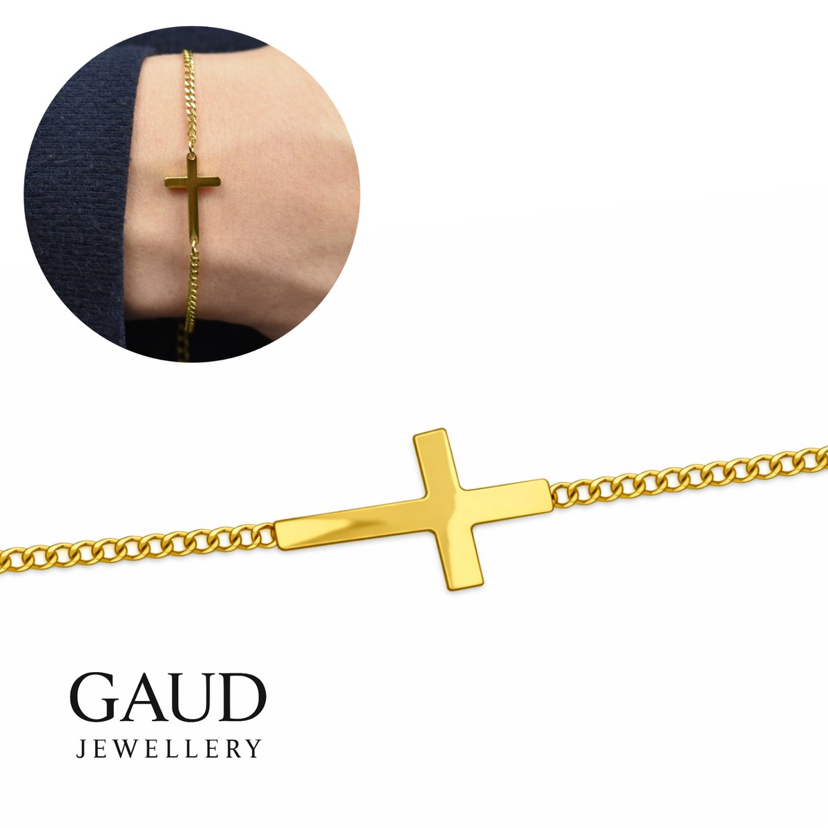 GAUD Gouden Kruis Armband – Stainless Steel – 16+5 cm Verstelbaar – Waterbestendig & Verkleurt Niet – Minimalistische Armband met Kruis