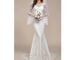 Stretch Bruidsjurk met Kant en Lange Mouwen – Elegant en Comfortabel – Wit Maat M / L