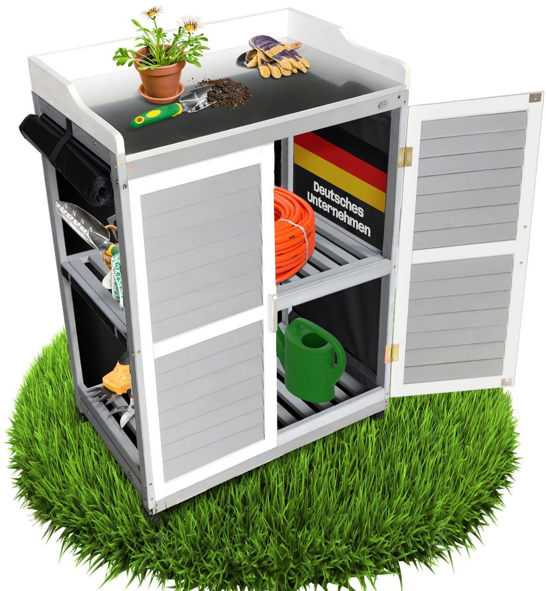 Lola Grijze Tuinkast 67x46x98 cm – Weerbestendige plantentafel met opbergruimte, gereedschapskast met gegalvaniseerd werkblad, oprolbare zijkanten | 1 plank, flexibele kast voor tuin, balkon en terras