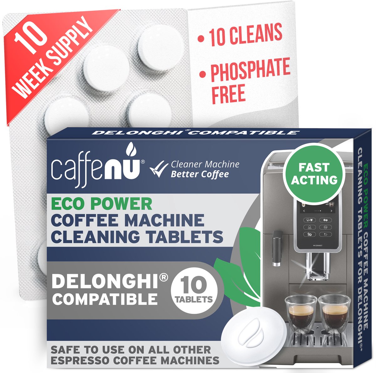Caffenu Reinigingstabletten voor DeLonghi Koffiemachines - 10 Stuks x 1,4g - Koffiemachine Reiniger - Verbetert Smaak & Levensduur Koffiezetapparaat