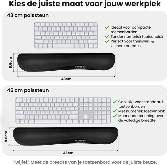 Zwarte polssteunen van 43 cm en 46 cm met witte toetsenborden en tekst.