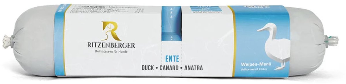Ritzenberger Pup Eend met Pompoen en rijst gestoomde worst 24 x 400 gram (doos 12 rollen, 9,6 kilo totaal)