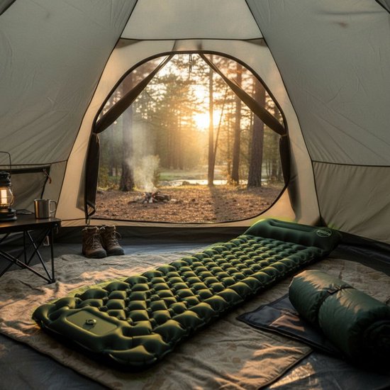 Groene slaapmat in een tent, met kampvuur en bos op achtergrond. Zomerse camping sfeer.